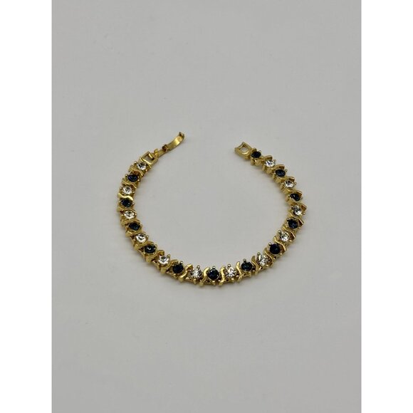 Vintage Gold Tone Metal and Faux Sapphire Faux Diamond Tennis Style Bracelet 80s - Picture 10 of 13